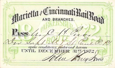 1872 Marietta Cincinnati  Parkersburg  Railroad  Rr Ry Rwy Railway Pass • $125