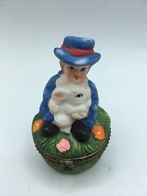 Vtg Easter Spring Bunny Rabbit Porcelain Trinket Box 3” • $14