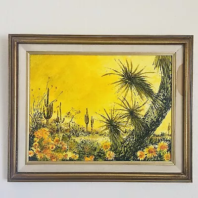 VTG Mid-Century Oil On Board Painting Desert Cactus Landscape Signed~ 30”x 24” • $95