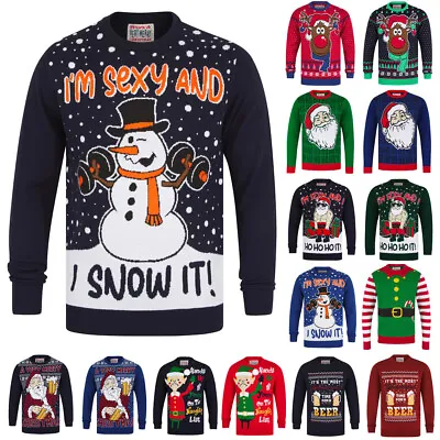 Mens Christmas Jumper Funny Novelty Xmas Pullover Sweater Knitted Santa Reindeer • £19.99