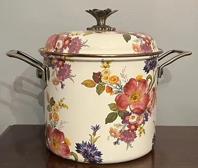 Mackenzie Childs Flower Market White 7QT Enamel Stock Pot W/Lid Lovely VGUC • $229.50