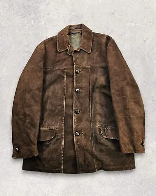 Vintage 1970s Brown Suede Leather Car Coat Raglan Sleeve Mod L • $57.94