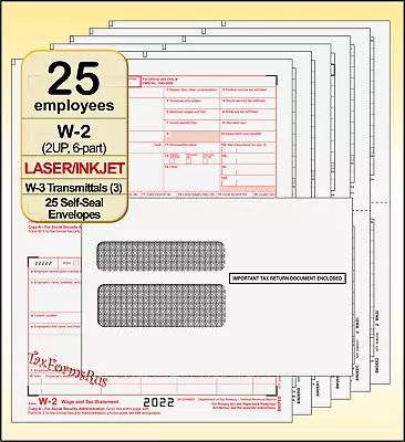 2022 IRS TAX FORMS KIT:: W-2 Wage Stmts 6-pt LASER 25 Employees+Envelopes+(3)W-3 • $29.90