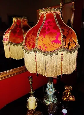 Drawing Room Victorian Glass Beaded Lampshade Red & Brassy Gold Silk Damask 16  • £225