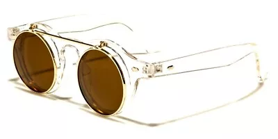 Flip Up Sunglasses Mens Womens Clear Frame Round Steampunk Retro Hippie Style  • $12.88
