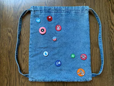 Vintage GAP Blue Denim Patches Buttons Pins Drawstring Backpack Bag Y2K 2002 VTG • $24.99