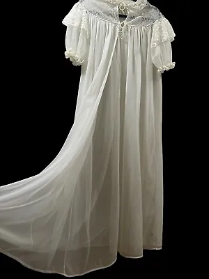 Vintage ROMANTIC Sheer CHIFFON Long NIGHTGOWN Peignoir Nylon ~L/XL Off White • $149.99