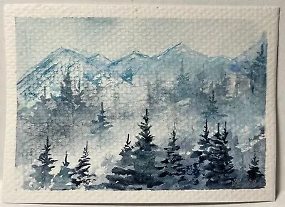 ACEO Original Watercolor Painting Landscape Mountains Fog  (2.5x3.5 In) NEW • $5.50