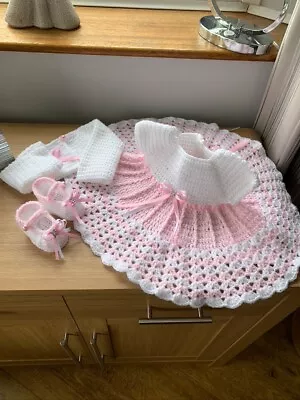 Baby Girl Dress Shrug Shoes Headband. Crochet Handmade 0 To 3 Month Gift Reborn • £21.99