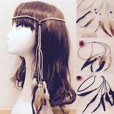 Hippie Indian Feather Headband Handmade Weave Feathers Hair Rope HeaddresO`WD • $1.37