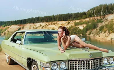 $22 • Buy Risque Print Brunette Model Retro Vintage Pretty Woman Pinup Hot Legs Car B759