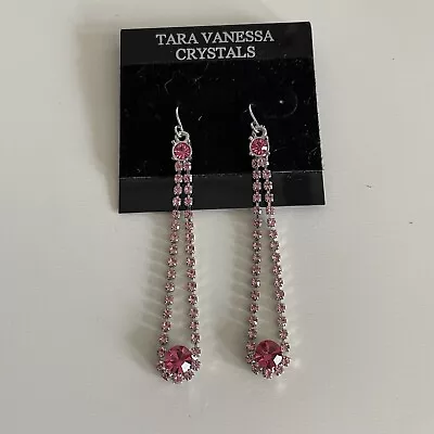 VINTAGE TARA VANESSA AUSTRIAN CRYSTAL Pink PIERCED EARRINGS SILVER TONE Dangle • $11.99