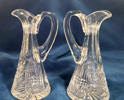 $43 • Buy Pair Antique Cut Glass Cruet Bottles Zipper Star Pinwheel Cut 