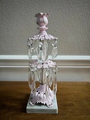 Vintage 12  Pink Cast Iron Candle Holder Candlestick W/ Prisms On Marble Base • $29.99