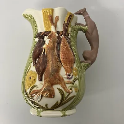 Majolica Greyhound Handle Hunting Pitcher W/ Wild Game Rabbit Pheasant Quail Vtg • $47.77