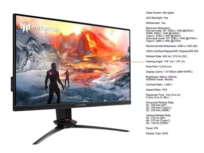 ACER PREDATOR XB273U GX 27'' WideScreen LCD Monitor 270Hz. 0.5MS Response Time • $1100