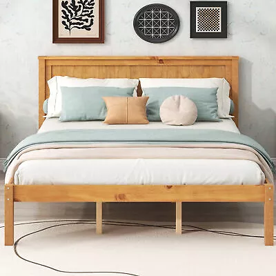 Platform Bed Frame W/Headboard Wood Slat Support Queen Oak 13AAN • $194.89