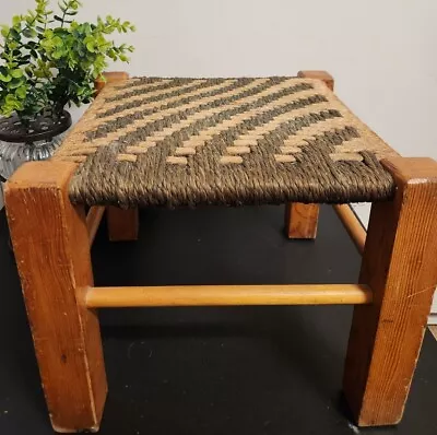 Vintage Rustic Footstool Bench Woven Jute Top 12½ X12½ X10  • $49.97