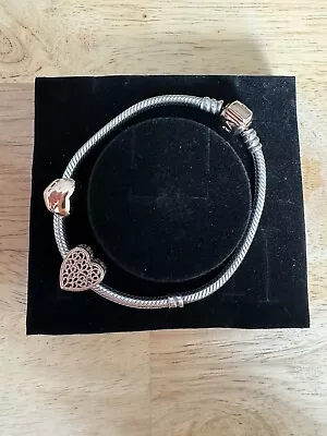 Genuine Pandora Silver Snake Bracelet With Rose Gold Clasp & 2 Charms • £68