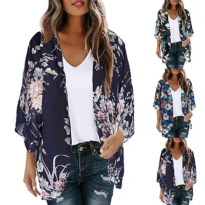 Summer Womens Floral Printed Puff Sleeve Chiffon Kimono Cardigan Loose Cover Up • $25.99