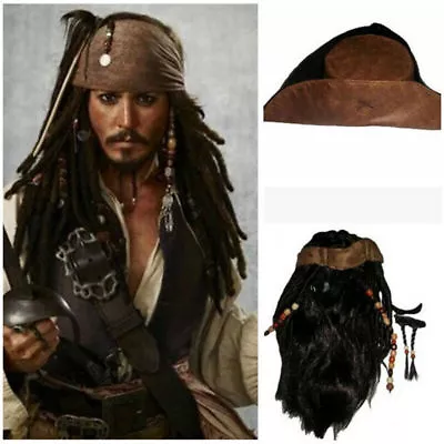 Captain Jack Cosplay Sparrow Brown Wig Hat Beard Prop Pirates Of The Caribbean  • £11.99