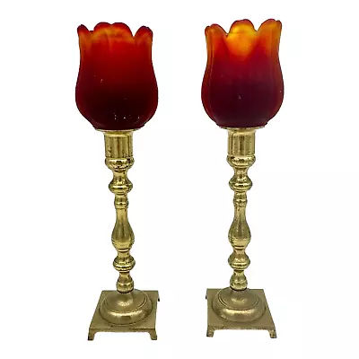 Art Nouveau Brass Candlesticks Frosted Amberina Glass Tulips Votive Holder VTG • $24