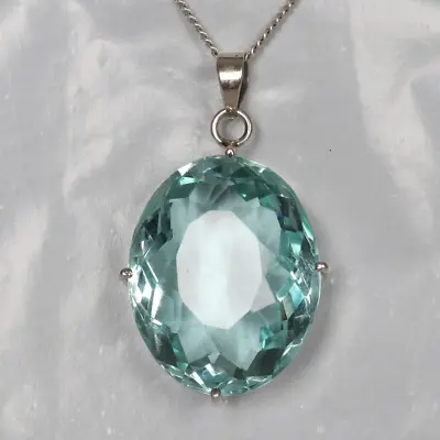 Large Blue Aquamarine Loose Gemstone Pendant Sterling Silver Oval Cut Necklace • $30.71