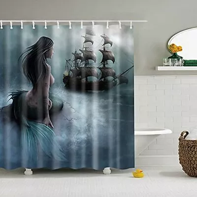 Foggy Night Medieval Sea And Pirate Ship Painting Mermaid Shower Curtain Wate... • $33.13