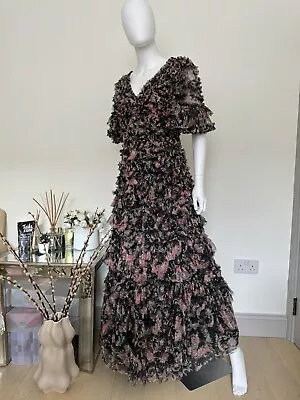 £525 Auth Needle & Thread Black Floral English Rose Lizette Gown Maxi Dress 10 • £220