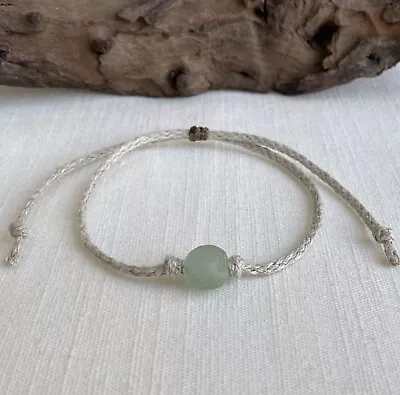 Organic Natural Hemp Anklet Sea Green Recycled Glass Bead Adjustable Sea Glass • $11