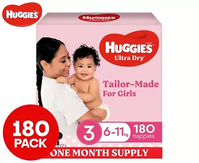 Huggies Ultra Dry Nappies Girls Size 3 (6-11kg) -  180 Count - 1 Month Supply • $82