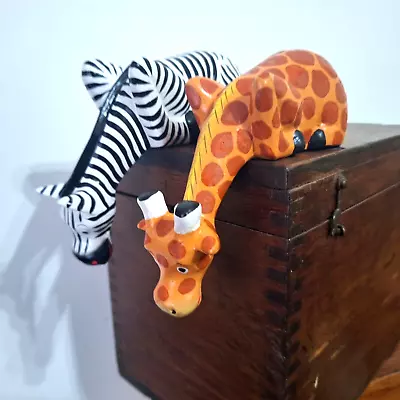 Zebra & Giraffe Shelf Sitting Ornaments 2 Pieces Hand Carved & Painted Wood Gift • £12.95