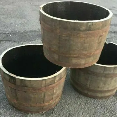  Genuine Oak Half Whiskey Barrel Planter Wooden Garden Pot Storage Scottish • £39.80