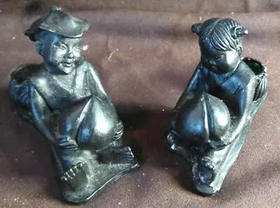 Pair Of Two Cast Metal Candlesticks Pair Set Chinese Children Kids China Figures • $43.50