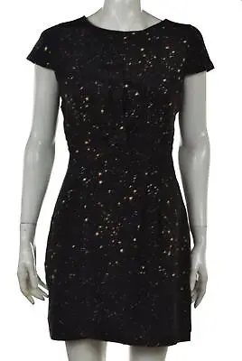 Myne Womens Dress Size 2 Black White Printed Sheath Above Knee Cap Sleeve Silk • $24.99