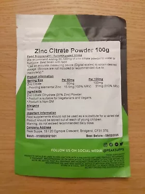 Zinc Citrate Powder 100g | Pure | High Quality | Providing 31% Elemental Zinc • £4