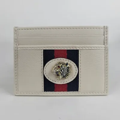 Gucci Rajah White Leather Gold Crystal Tiger Head Web Card Holder 573796 8406 • $281.99