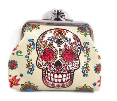$10.99 • Buy Sugar Candy Skull Day Of The Dead 3  Coin Purse Beige Multi-color Floral Skull