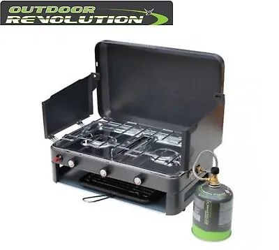 Outdoor Revolution Twin Burner Gas Camping Stove & Grill Works On Gas Cartridges • £89.95