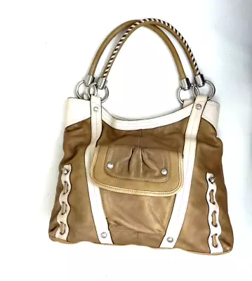 B.Makowsky Beige/Ivory Pebble Leather Medium Shoulder Tote Bag Purse Top Snap • $45