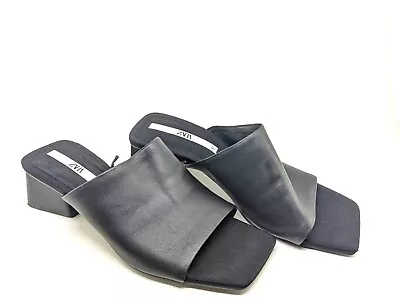 ZARA Soft Genuine LEATHER Mules Open Toe Slide In Heels Women Black US6-6.5 EU37 • $29.90