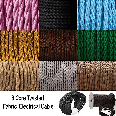 3 Core Twisted Fabric Braided Electric Wire Flex Vintage Lamp MultiColours Cable • £2.09