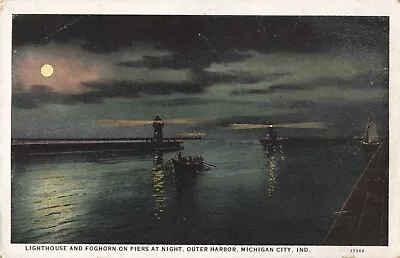 Lighthouse & Fog Horn On Piers At Night Outer Harbor Michigan City Indiana C1920 • $4.95