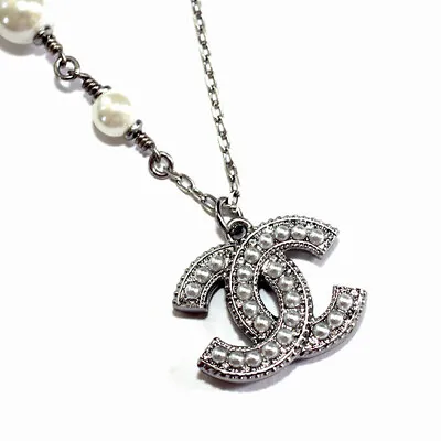 Classic CHANEL Pearl Glass Crystal Silver Chain CC Coco Logo Pendant Necklace • $485