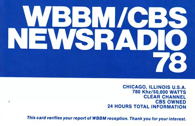 1986 QSL: Radio WBBM Chicago USA  Signed Donn Pearlman  • $6
