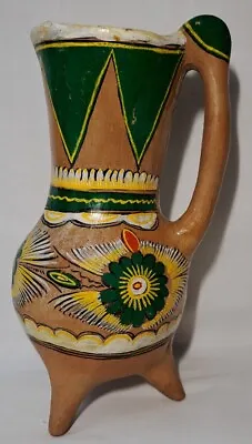 Vintage Pottery Mexican Jug Folk Art  Small Pitcher Vase Terracotta Handpainted  • $27.99