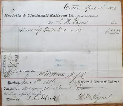 Marietta And Cincinnati Railroad 1876 Document Letterhead Voucher OH Ohio Timber • $9.99