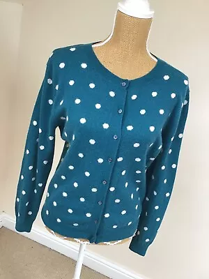 Woolovers Teal Polka Dot Cardigan Size M  V Neck 70% Merino Wool 30% Cashmere • £5