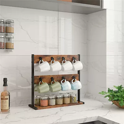 Wood & Metal Tabletop Coffee Mug Holder Stand Cup Storage With 16 Hooks Hangers • £19.92