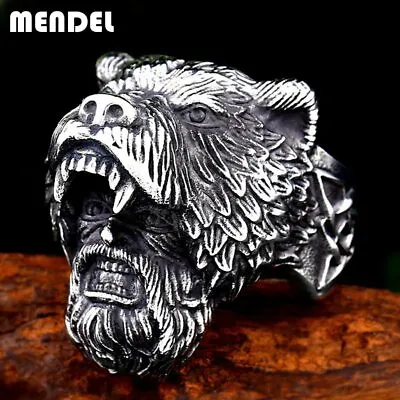 MENDEL Mens Nordic Viking Warrior Bear Head Ring Stainless Steel Men Size 8-15 • $11.99